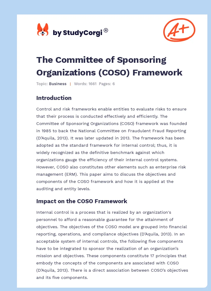 The Committee of Sponsoring Organizations (COSO) Framework. Page 1