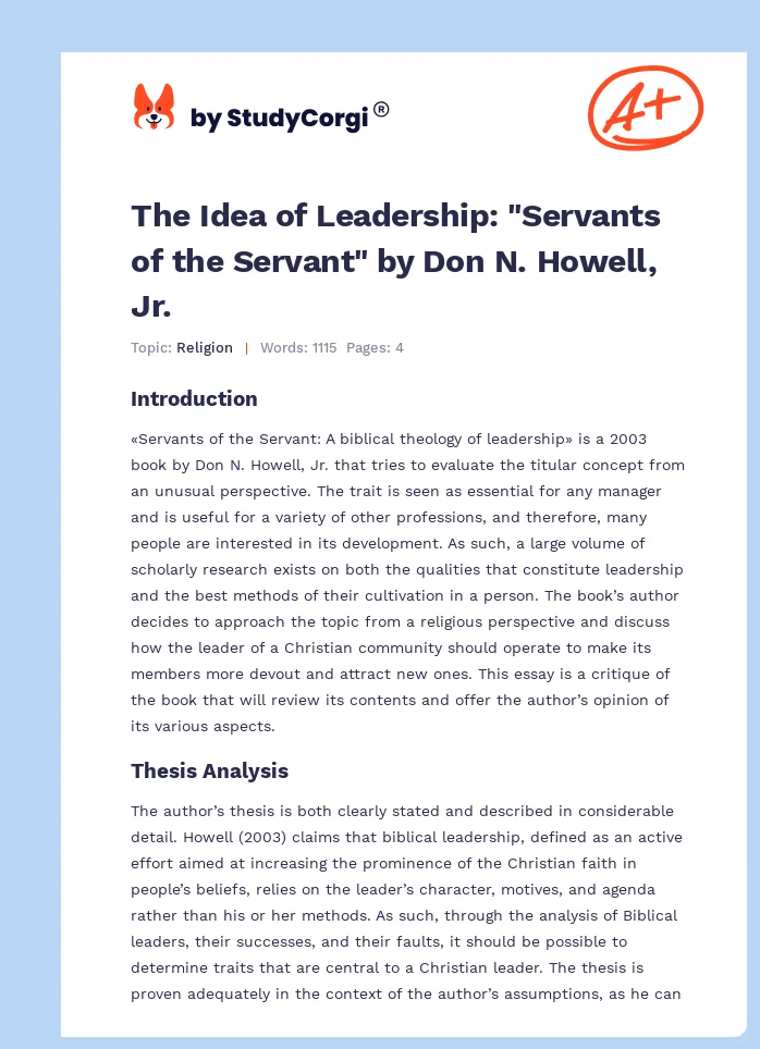 The Idea of Leadership: "Servants of the Servant" by Don N. Howell, Jr.. Page 1