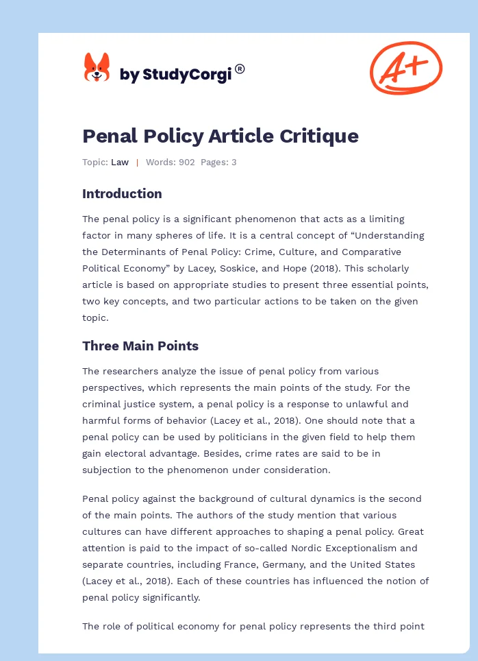Penal Policy Article Critique. Page 1