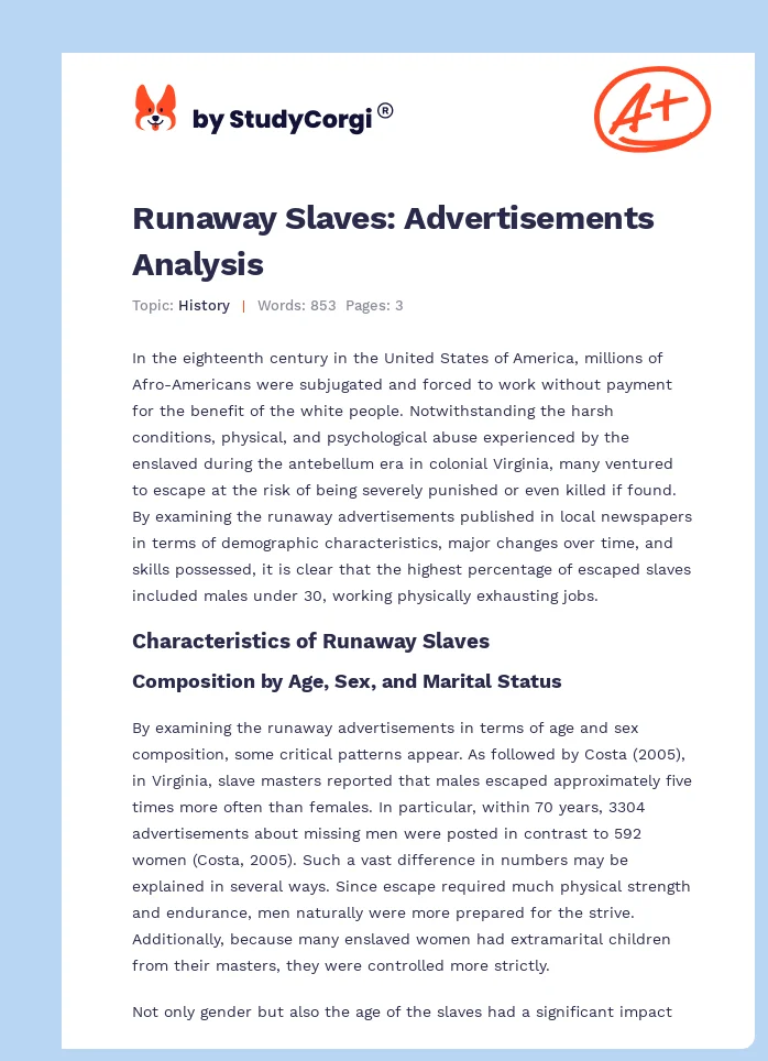 Runaway Slaves: Advertisements Analysis. Page 1