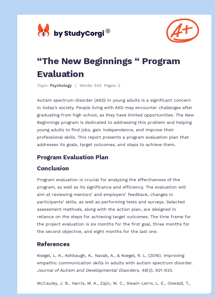 “The New Beginnings “ Program Evaluation. Page 1