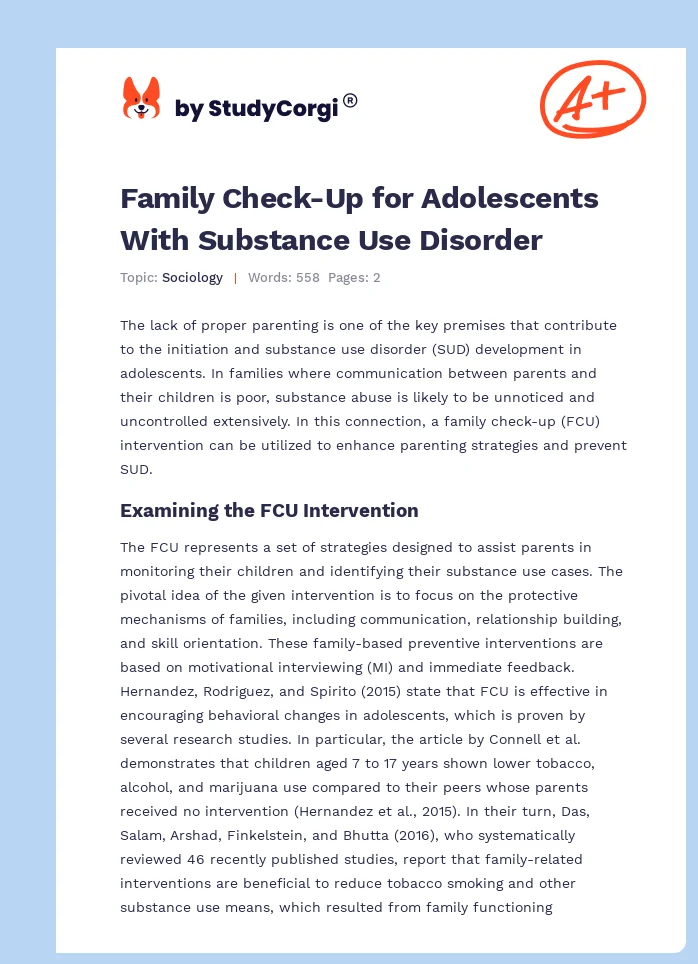 Family Check-Up for Adolescents With Substance Use Disorder. Page 1