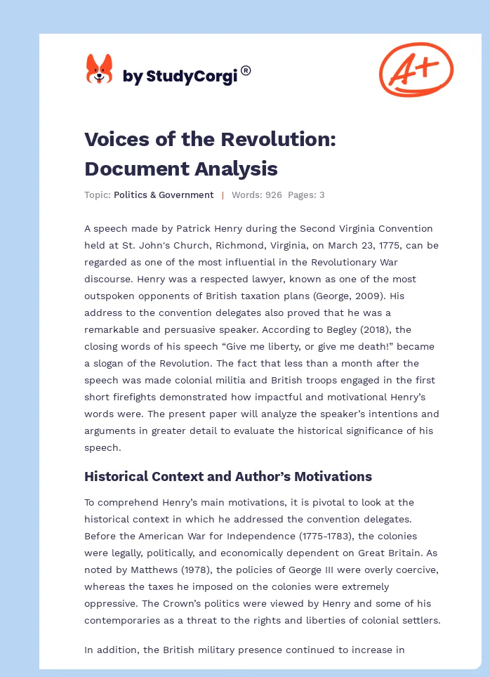 Voices of the Revolution: Document Analysis. Page 1