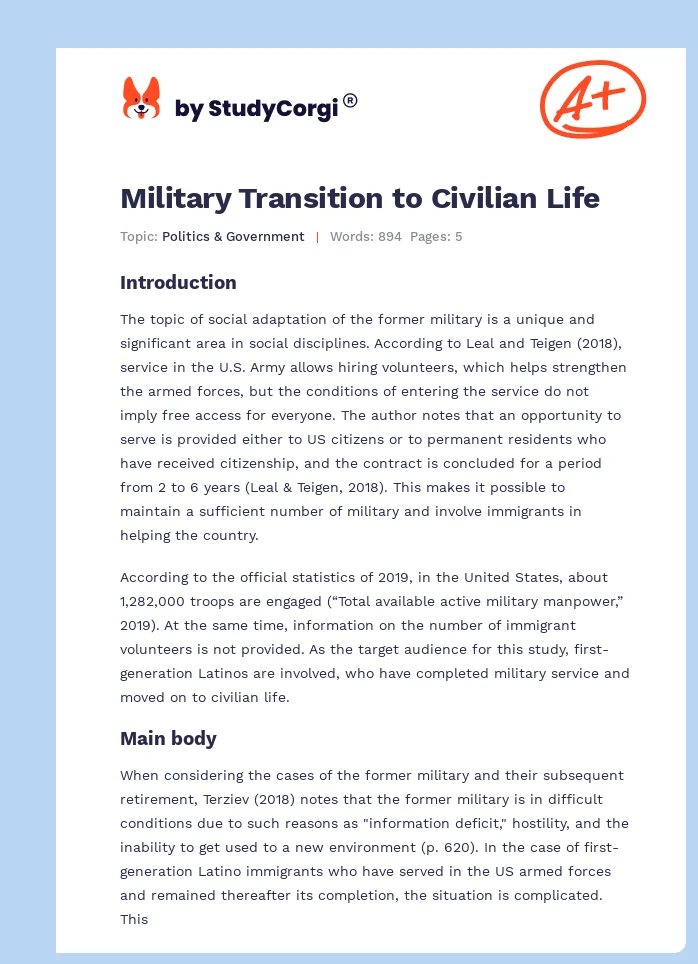 Military Transition to Civilian Life. Page 1