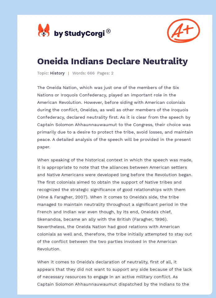 Oneida Indians Declare Neutrality. Page 1