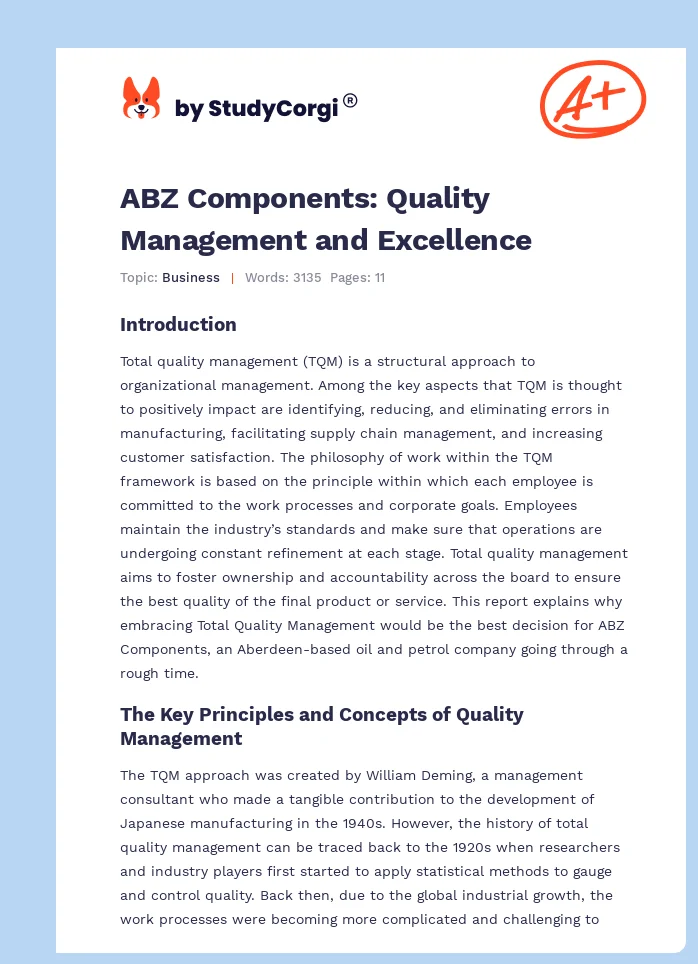 ABZ Components: Quality Management and Excellence. Page 1
