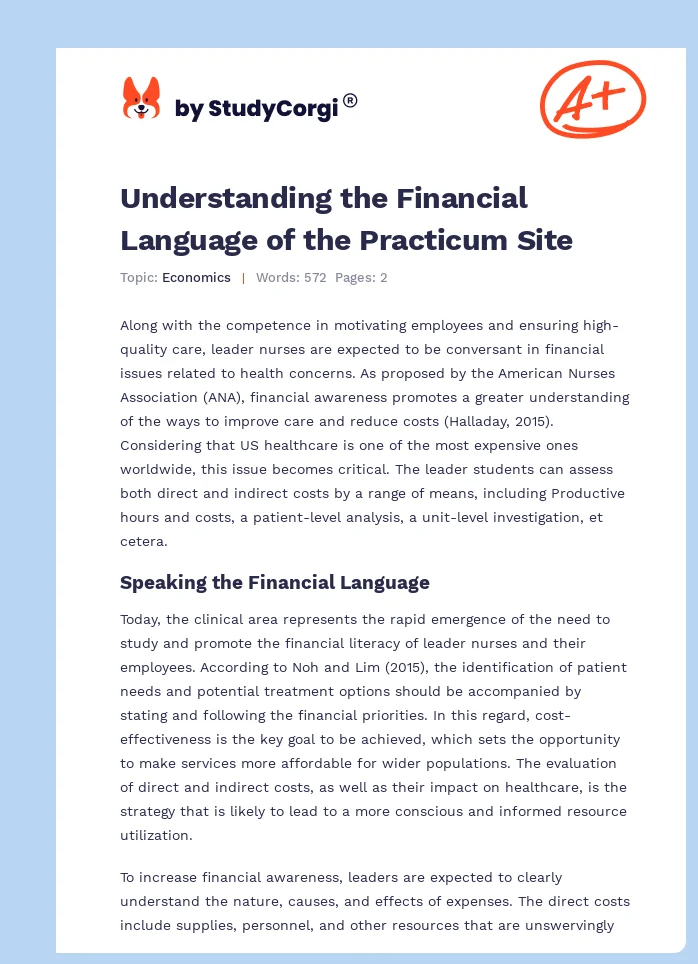Understanding the Financial Language of the Practicum Site. Page 1
