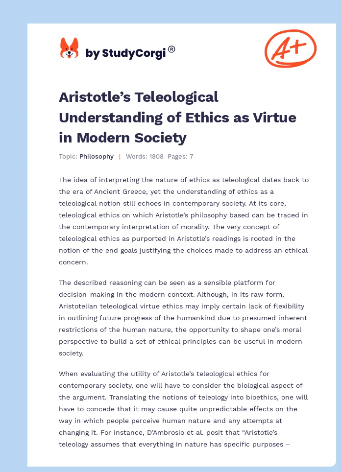 Aristotle’s Teleological Understanding of Ethics as Virtue in Modern Society. Page 1