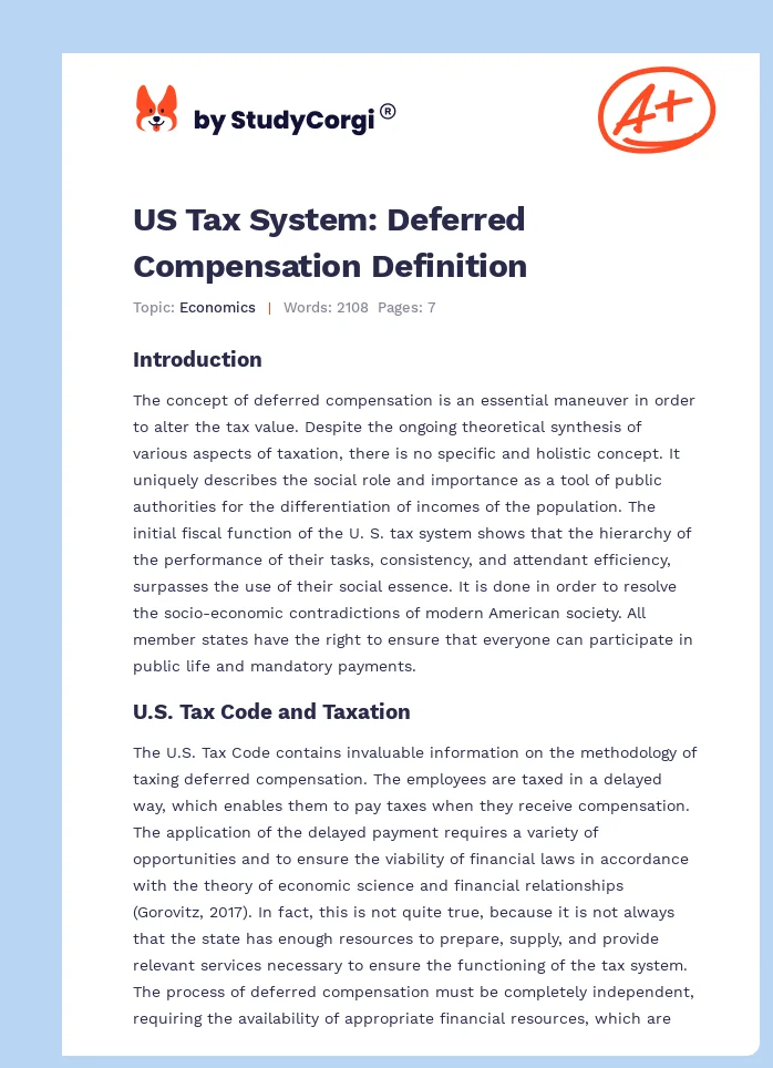 US Tax System: Deferred Compensation Definition. Page 1