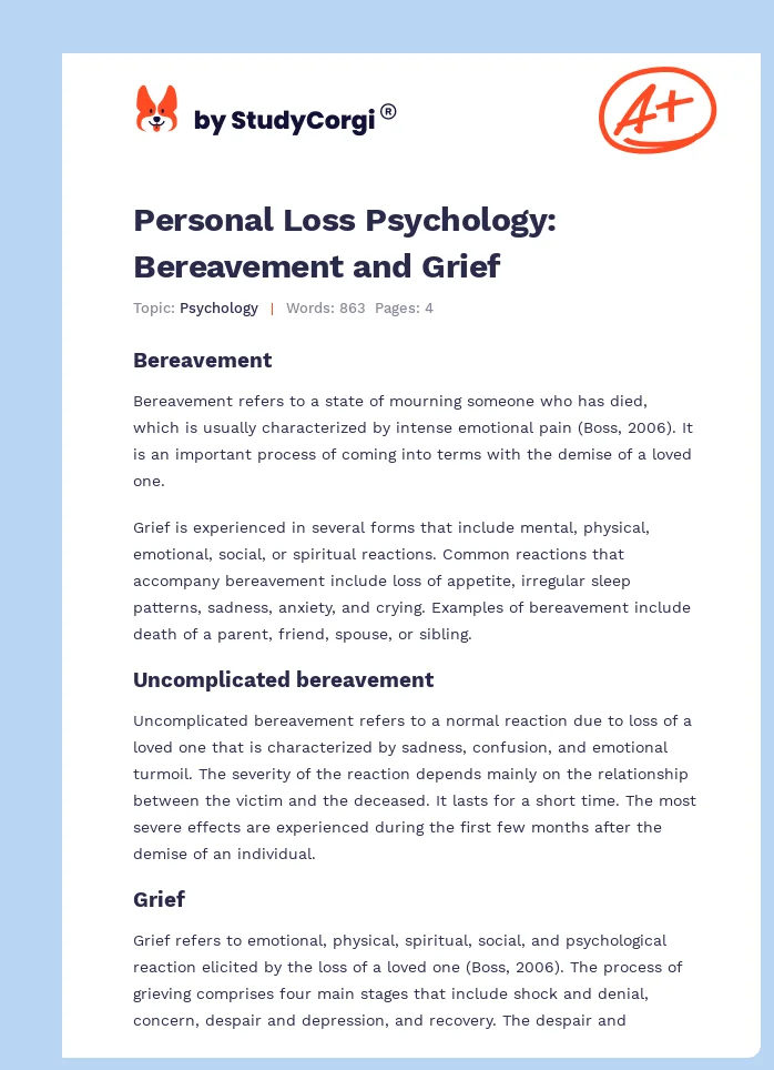 Personal Loss Psychology: Bereavement and Grief. Page 1