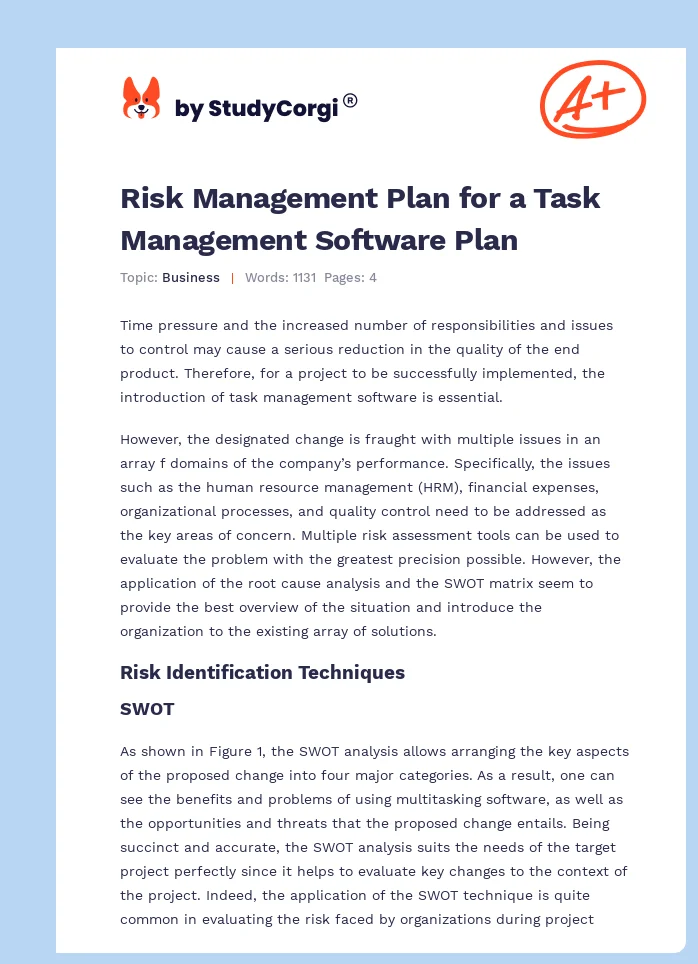 Risk Management Plan for a Task Management Software Plan. Page 1