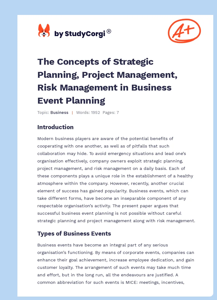 The Concepts of Strategic Planning, Project Management, Risk Management in Business Event Planning. Page 1