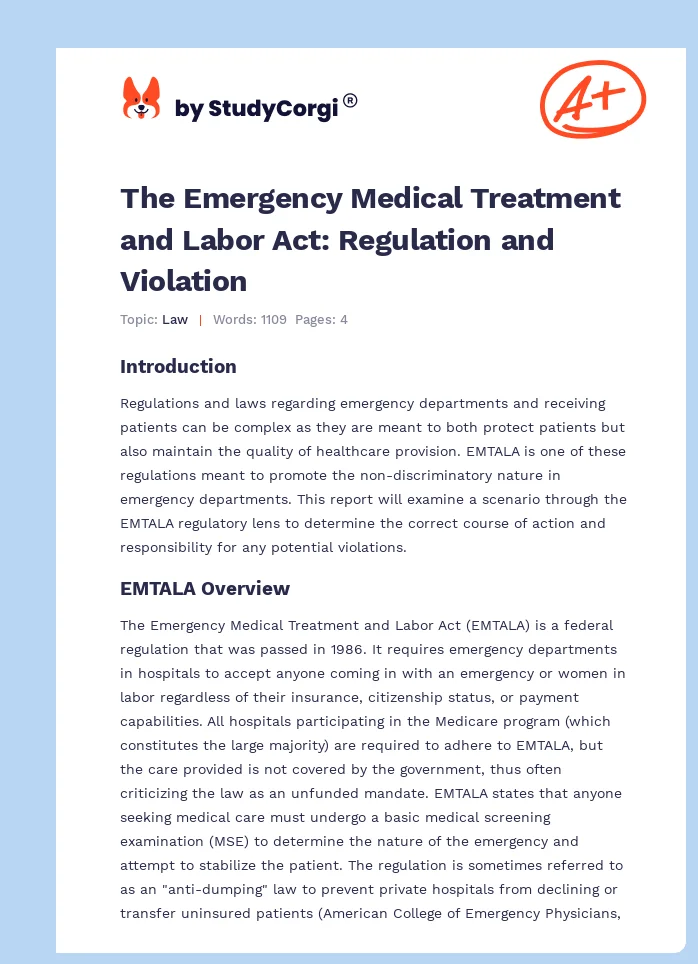 The Emergency Medical Treatment and Labor Act: Regulation and Violation. Page 1
