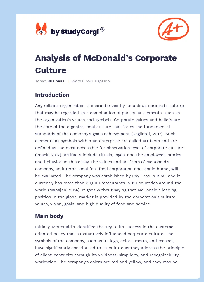 Analysis of McDonald’s Corporate Culture. Page 1