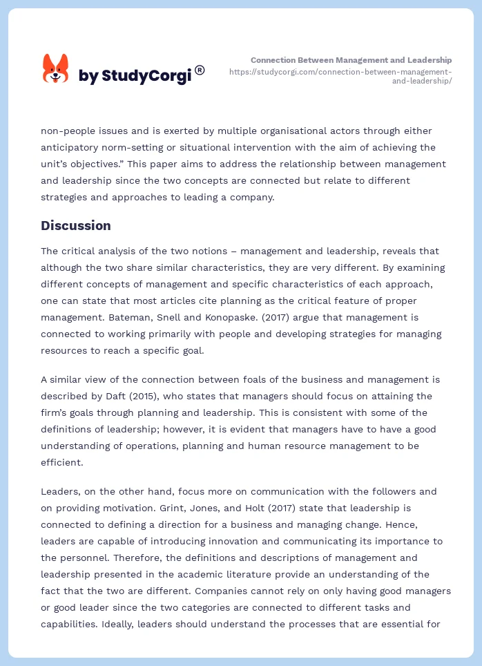Connection Between Management and Leadership. Page 2