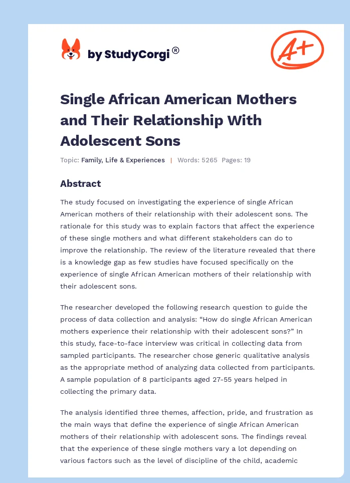 Single African American Mothers and Their Relationship With Adolescent Sons. Page 1