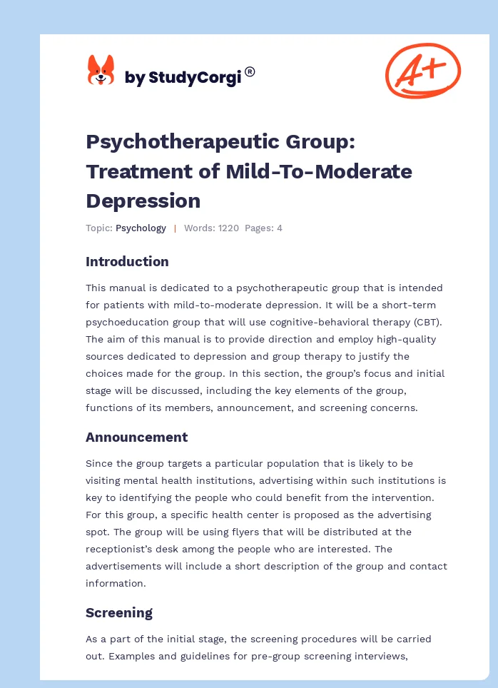 Psychotherapeutic Group: Treatment of Mild-To-Moderate Depression. Page 1