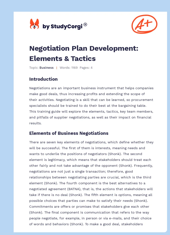 Negotiation Plan Development: Elements & Tactics. Page 1