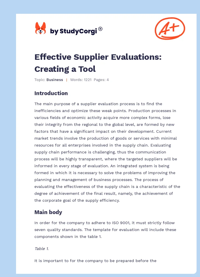 Effective Supplier Evaluations: Creating a Tool. Page 1