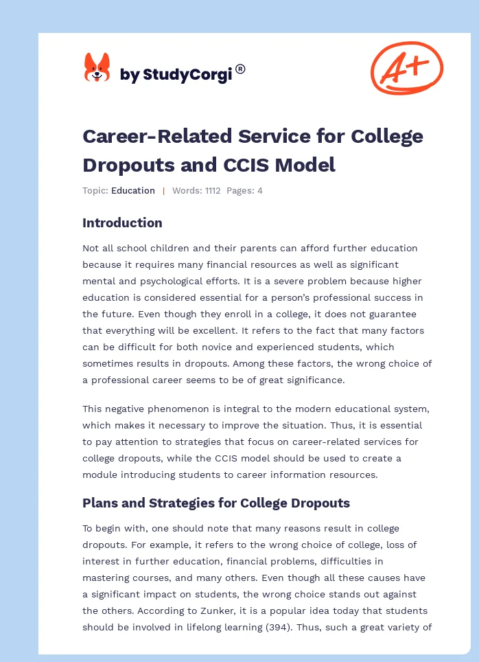 Career-Related Service for College Dropouts and CCIS Model. Page 1