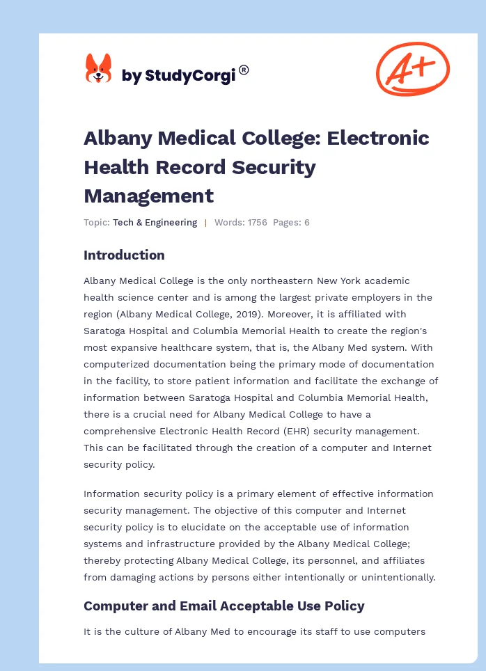 Albany Medical College: Electronic Health Record Security Management. Page 1