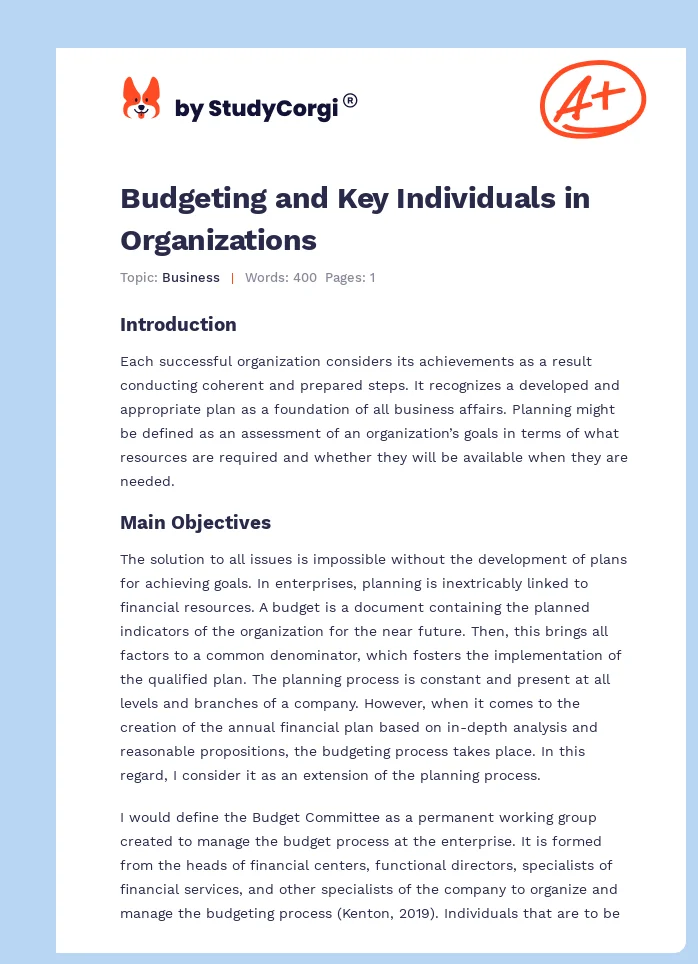 Budgeting and Key Individuals in Organizations. Page 1