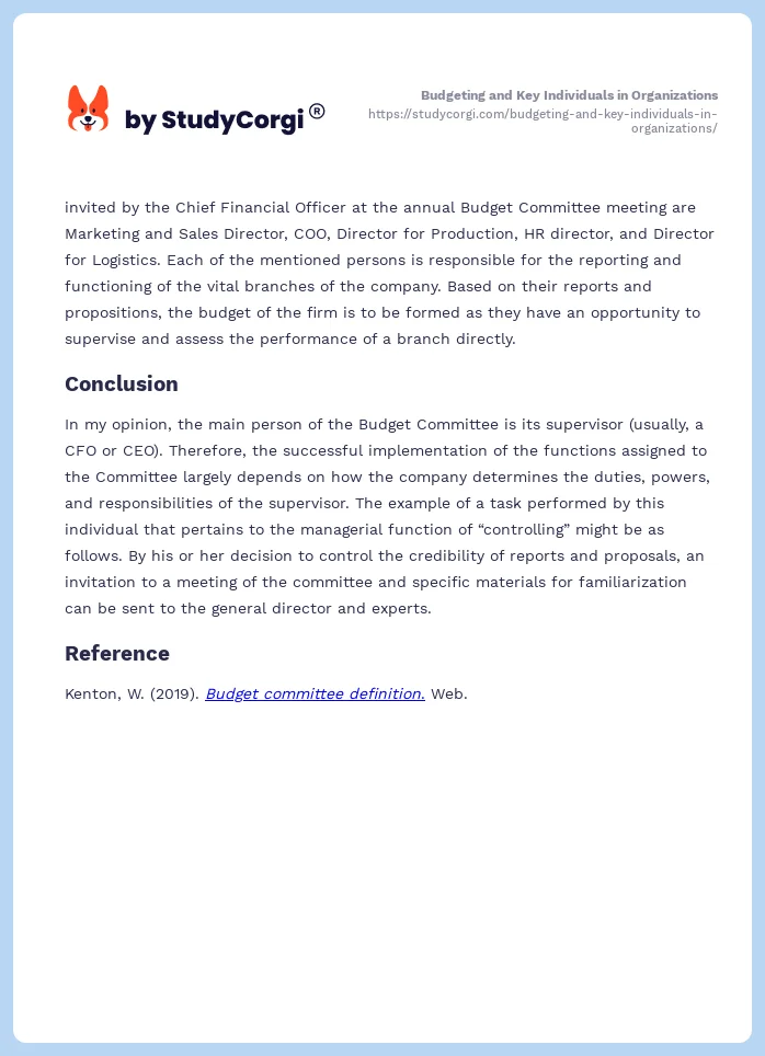 Budgeting and Key Individuals in Organizations. Page 2