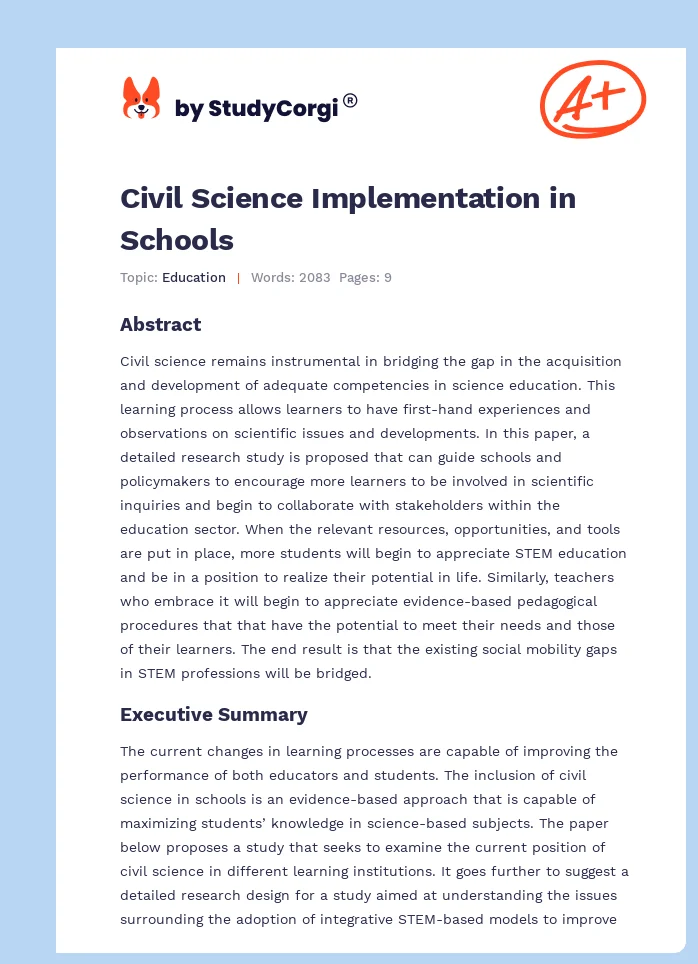 Civil Science Implementation in Schools. Page 1