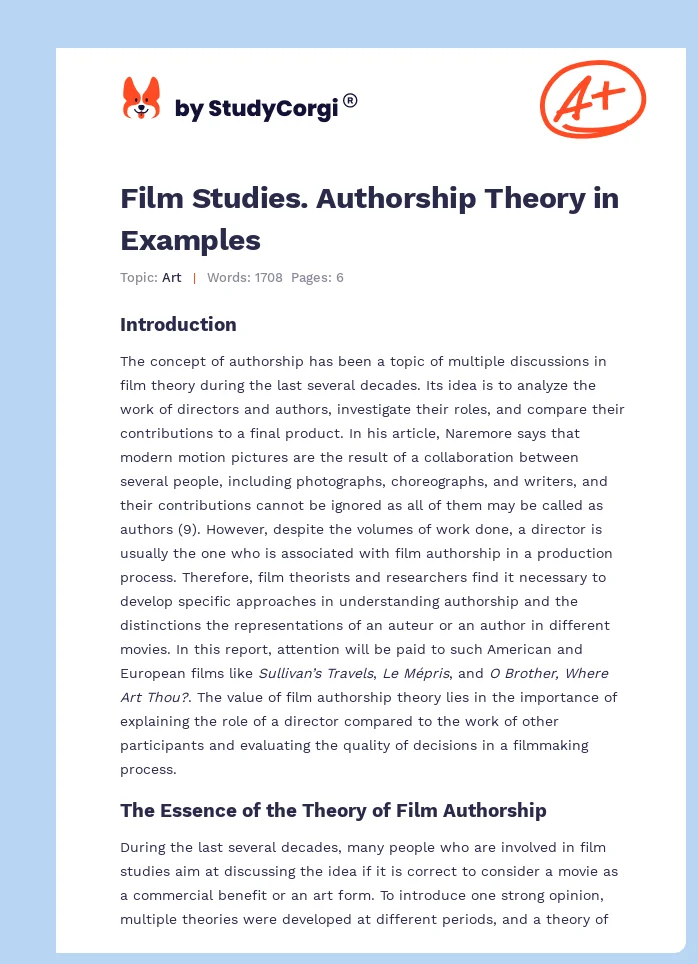 Film Studies. Authorship Theory in Examples. Page 1