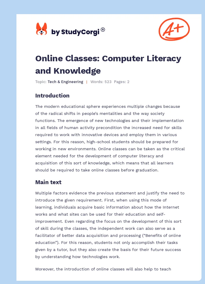 Online Classes: Computer Literacy and Knowledge. Page 1