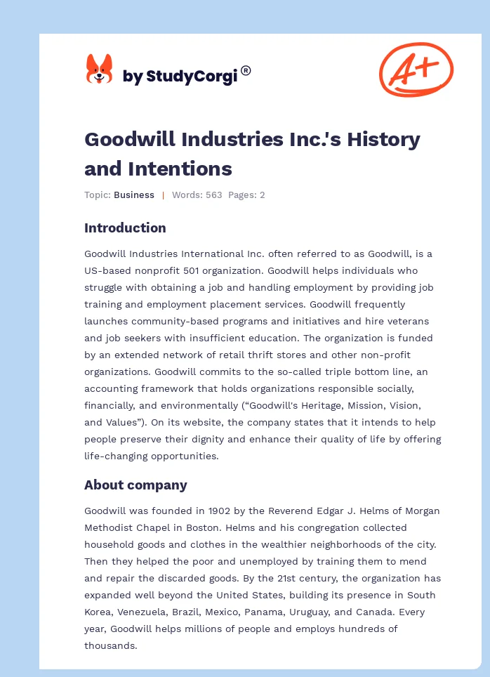 Goodwill Industries Inc.'s History and Intentions. Page 1