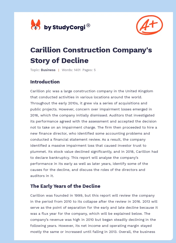 Carillion Construction Company's Story of Decline. Page 1