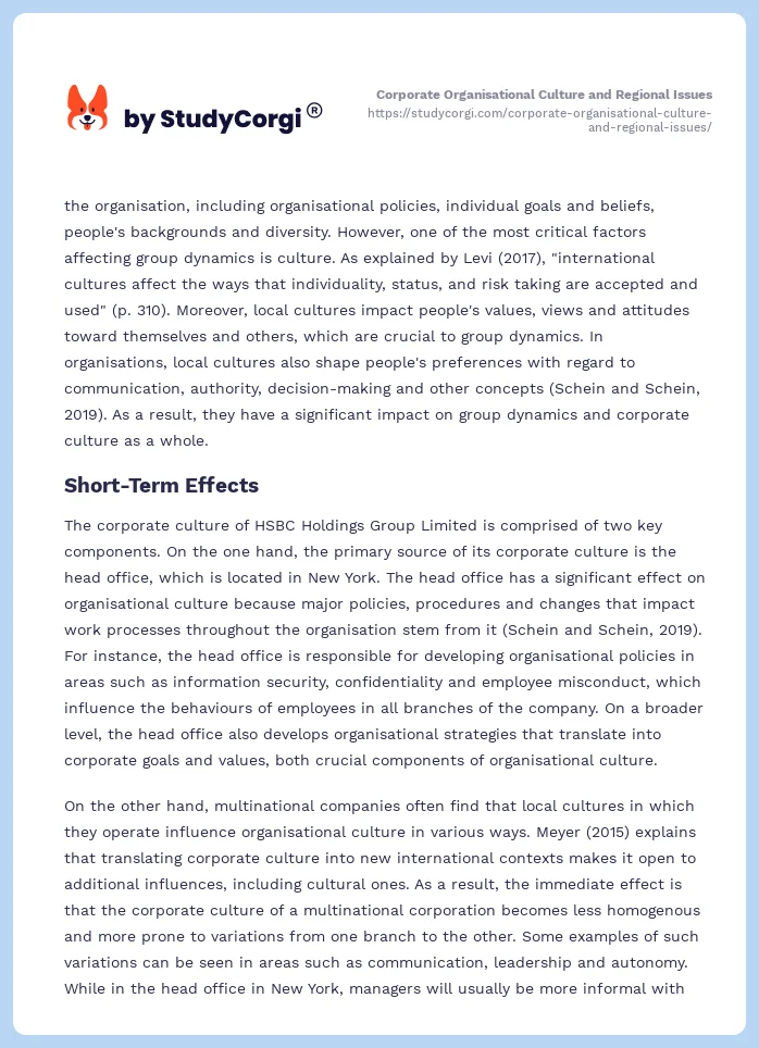 Corporate Organisational Culture and Regional Issues. Page 2
