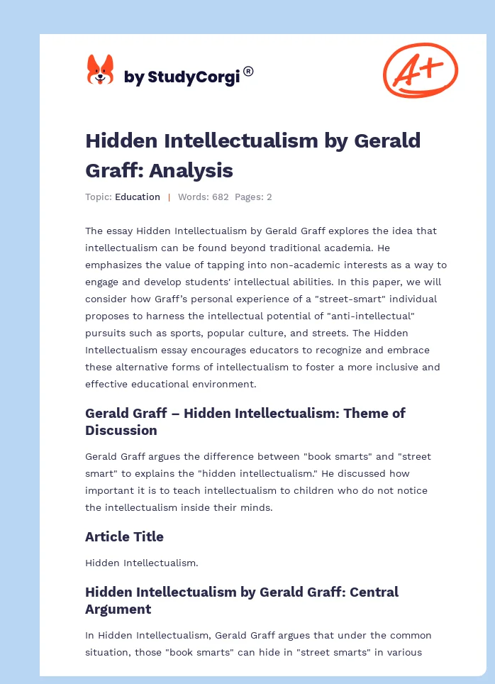 Hidden Intellectualism by Gerald Graff: Analysis. Page 1