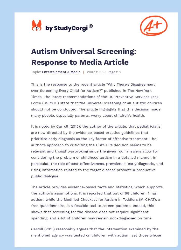 Autism Universal Screening: Response to Media Article. Page 1