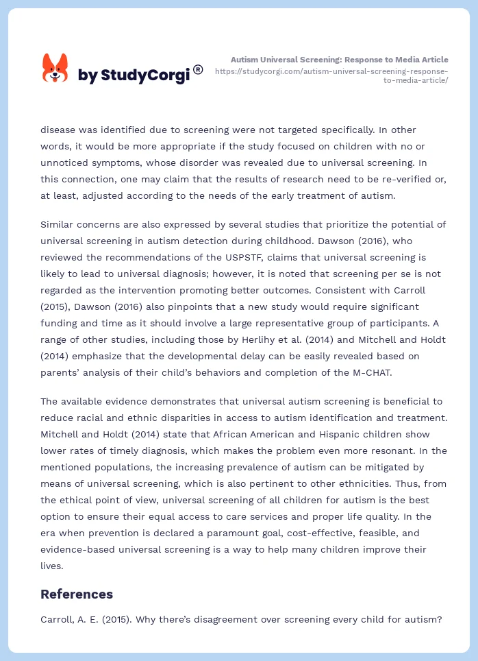 Autism Universal Screening: Response to Media Article. Page 2