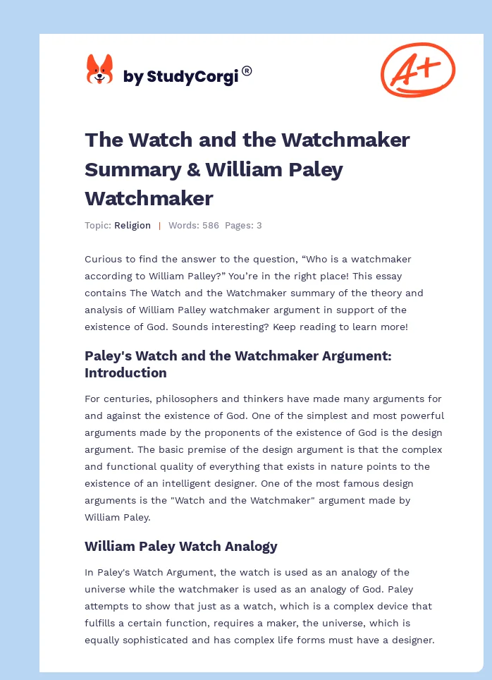 The Watch and the Watchmaker Summary & William Paley Watchmaker. Page 1