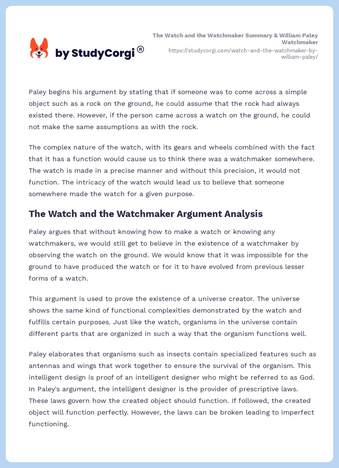 The Watch and the Watchmaker Summary & William Paley Watchmaker. Page 2