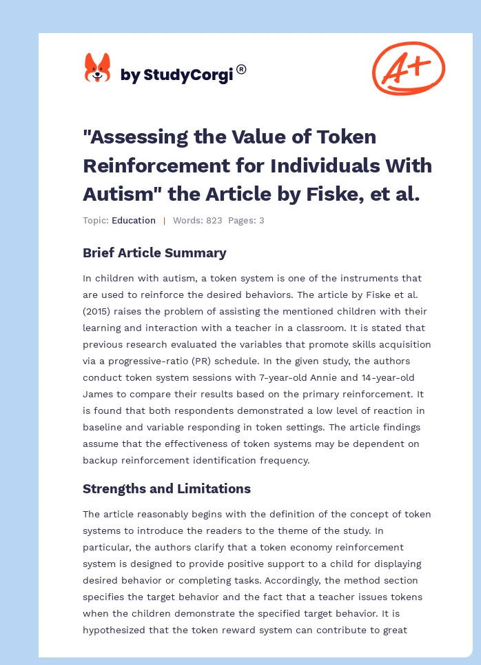 "Assessing the Value of Token Reinforcement for Individuals With Autism" the Article by Fiske, et al.. Page 1