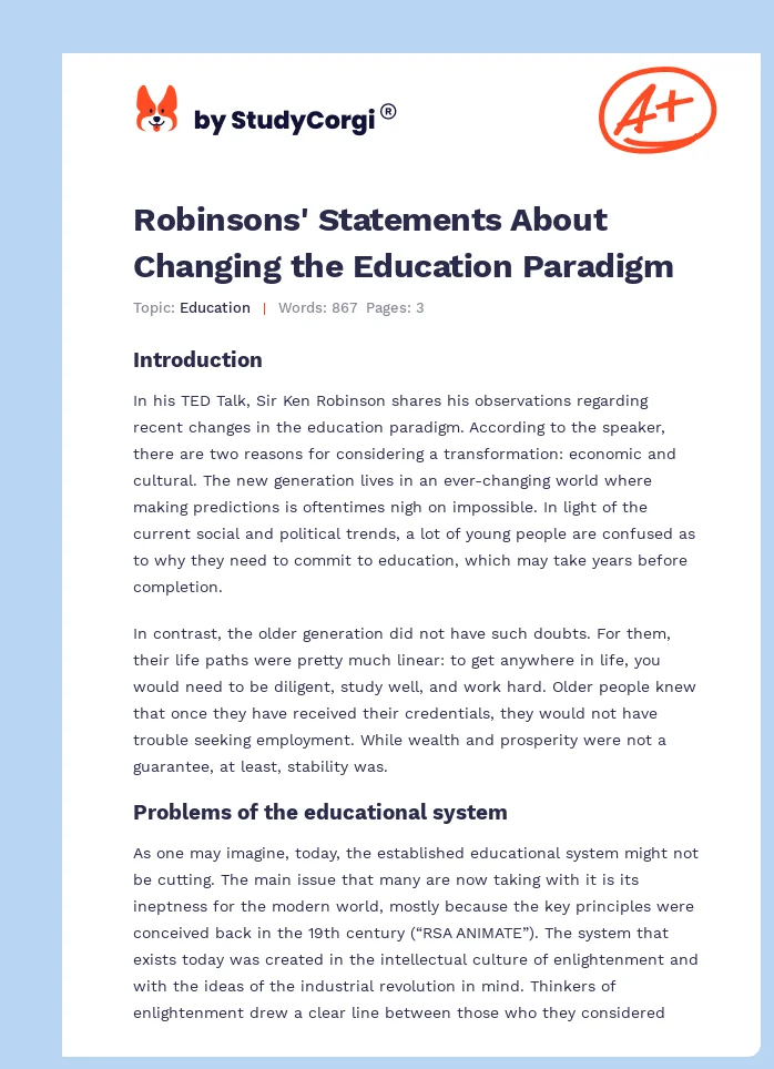 Robinsons' Statements About Changing the Education Paradigm. Page 1