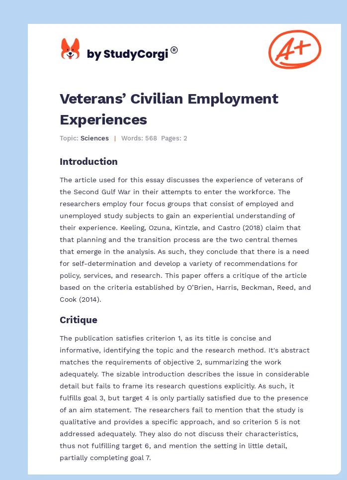 Veterans’ Civilian Employment Experiences. Page 1