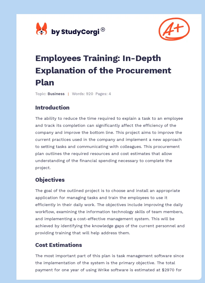 Employees Training: In-Depth Explanation of the Procurement Plan. Page 1