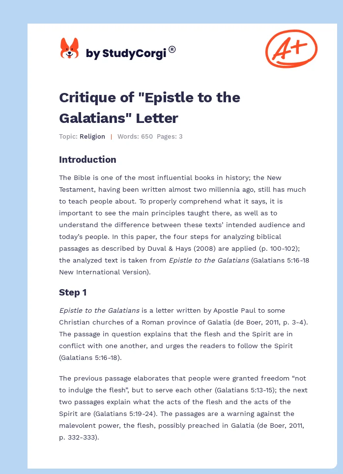 Critique of "Epistle to the Galatians" Letter. Page 1