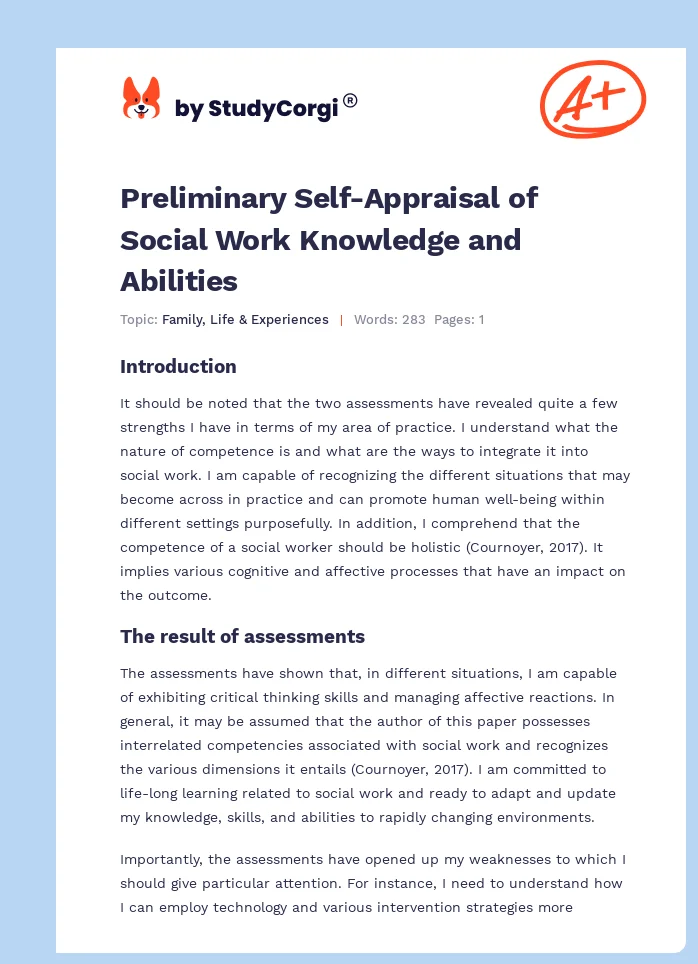 Preliminary Self-Appraisal of Social Work Knowledge and Abilities. Page 1