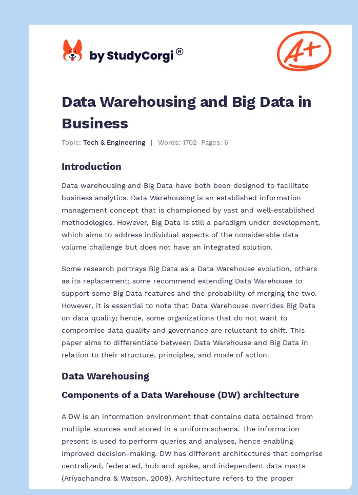 Data Warehousing and Big Data in Business. Page 1