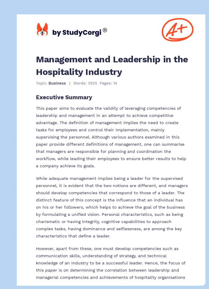 Management and Leadership in the Hospitality Industry. Page 1
