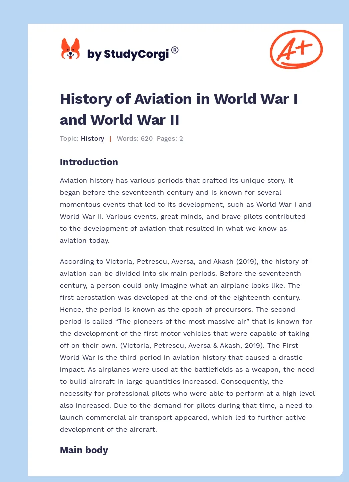 History of Aviation in World War I and World War II. Page 1