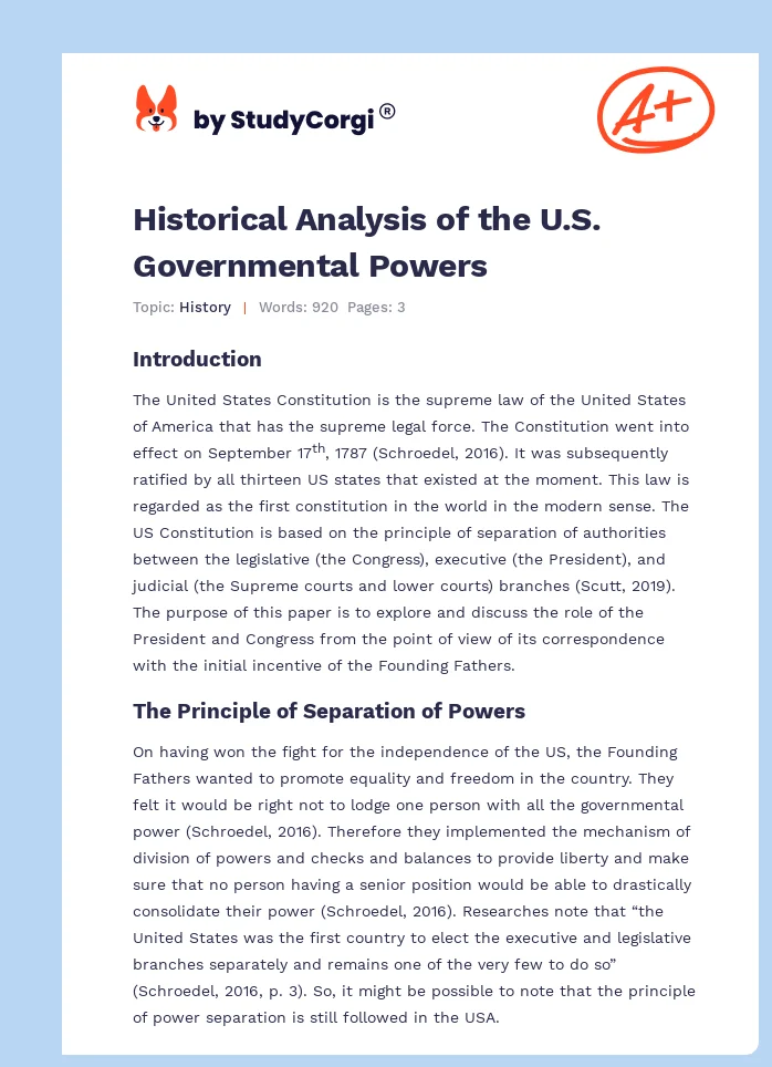 Historical Analysis of the U.S. Governmental Powers. Page 1