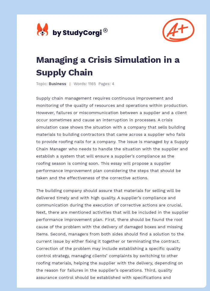 Managing a Crisis Simulation in a Supply Chain. Page 1
