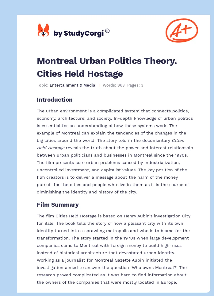 Montreal Urban Politics Theory. Cities Held Hostage. Page 1